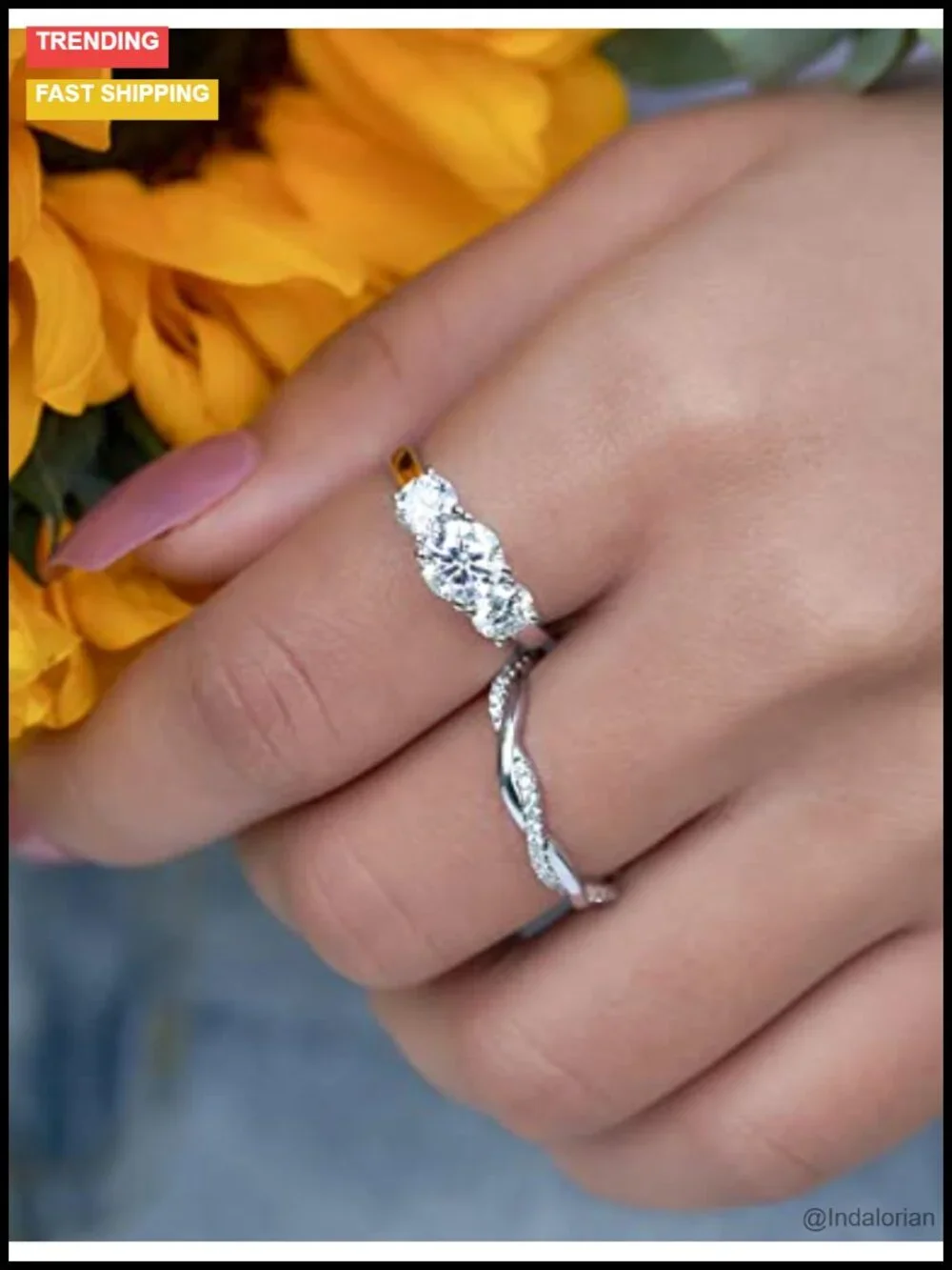 Moissanite 3 Stone Engagement Ring 925 Sterling Silver Wedding Band